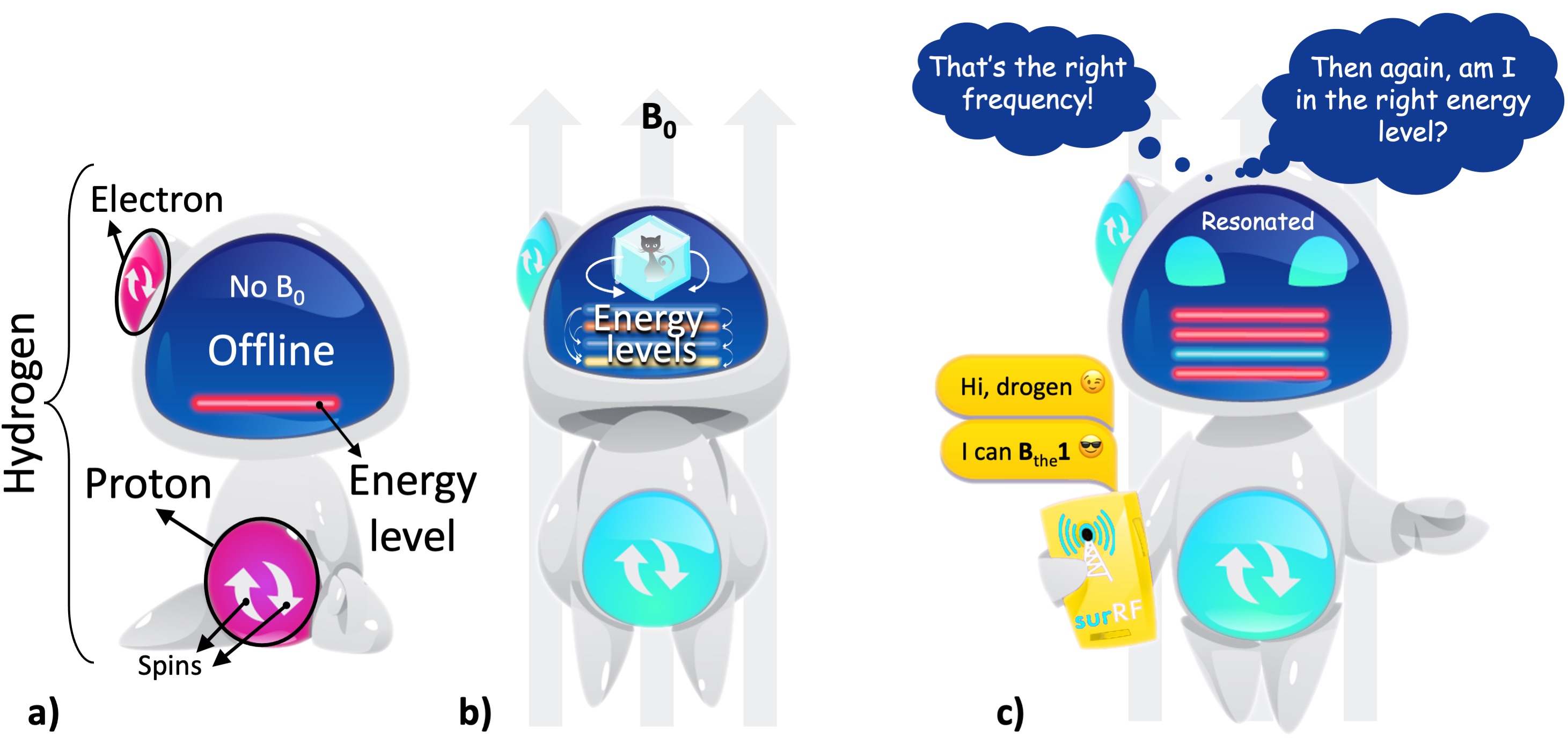 a) A hydrogen atom has one proton and one electron, with each particle is assumed to have two possible spin states for simplicity (up or down). In the absence of a magnetic field, the atom is at a random orientation (offline) and shows a single energy level (the red line). b) Under a uniform magnetic field (B0), the atom is aligned with the field (online) and shows multiple energy levels (the colored lines). These energy levels are in quantum superposition: all the levels simultaneously exist and we can only determine one state upon observation. This behaviour of the energy levels is represented by the Schrödinger’s cat2. c) Once it is online, the hydrogen atom can be contacted through a communication line that operates within the radiofrequency (RF) range.