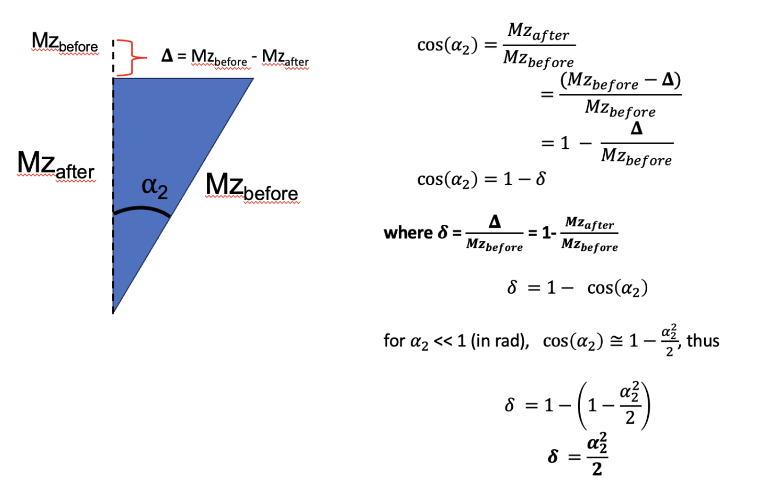 Demonstration through trigonometry of how following a small flip angle \alpha_{2} (eg MT saturation), the value \delta \equiv \alpha_{2}^{2}/2 represents the fraction of the reduction in longitudinal magnetization due to the pulse (bigDelta) relative to the value prior to the pulse (Mzbefore).