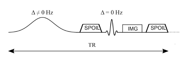 Simplified pulse sequence diagram of an MTR imaging sequence. An off-resonance and high powered MT-preparation pulse is followed by a spoiler gradient to destroy any transverse magnetization prior the application of the imaging sequence, in this case a spoiled gradient recalled echo (SPGR).