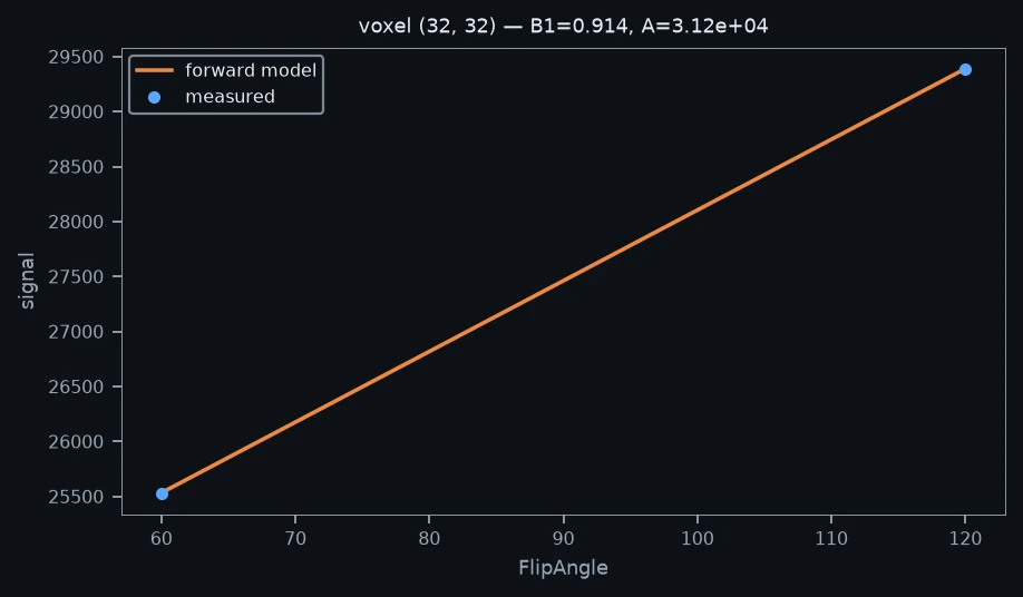 One voxel’s measured data with the model’s forward signal at the fitted parameters. The curve is computed by the same Rust code that does the fitting.