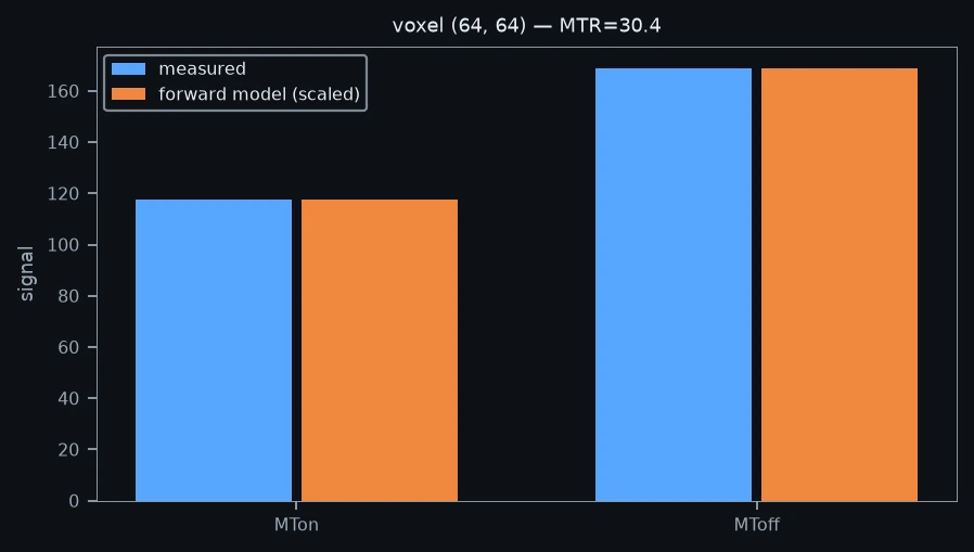 Measured values for one voxel beside the model’s forward prediction at the fitted parameters.