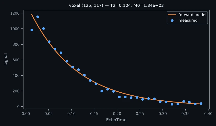 One voxel’s measured data with the model’s forward signal at the fitted parameters. The curve is computed by the same Rust code that does the fitting.